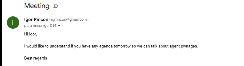 First email: attacker asks about tomorrow's agenda