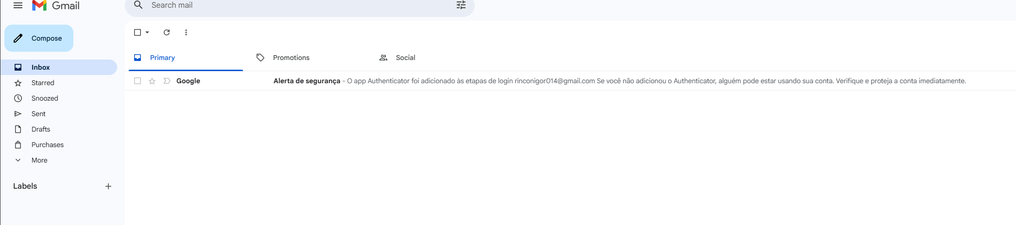 Inbox after deletion — no trace of the attacker's messages